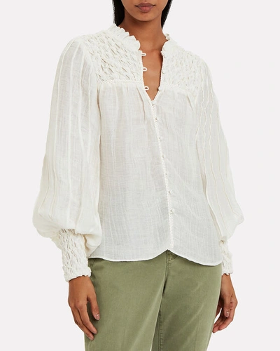 Shop Alexis Minelli Smocked Button Front Blouse In White