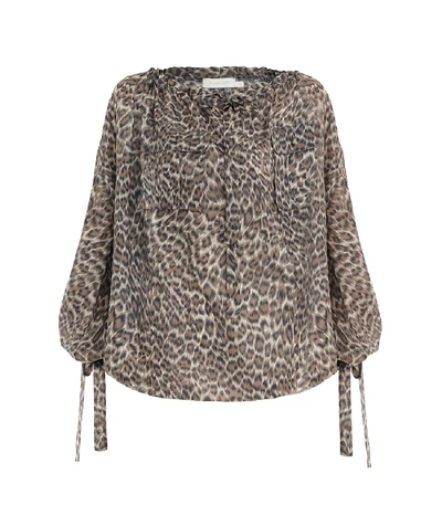 Shop Zimmermann Suraya Silk Pocket Blouse In Khaki Leopard In Leopard Print