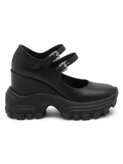 Shop Miu Miu Mary Jane Leather Wedge Sneakers In Black