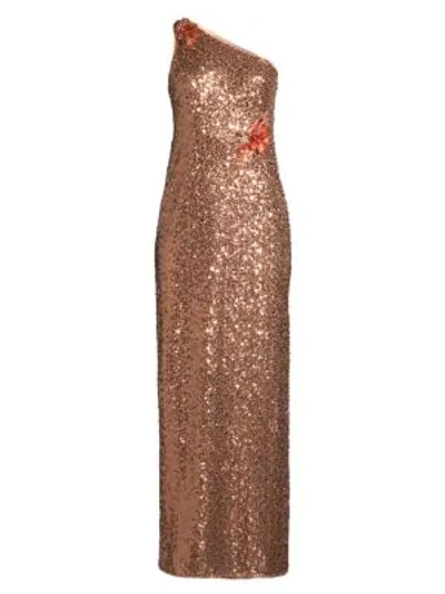 Shop Aidan Mattox One Shoulder Shimmer Gown In Copper