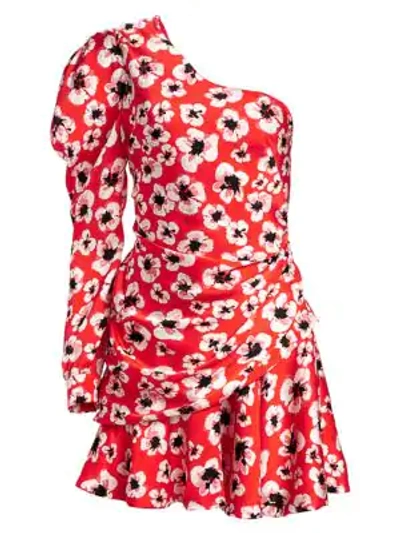 Shop Borgo De Nor Christina Floral One-sleeve Side Ruche Mini Dress In Leopard Floral Red White