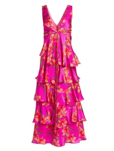 Shop Borgo De Nor Flavia Floral V-neck Tiered Empire-waist Silk Gown In Hawaiin Lily Fuscia