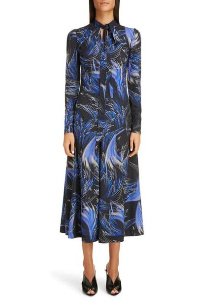 Shop Givenchy Wave Print Jersey Fit & Flare Midi Dress In Black/ Blue