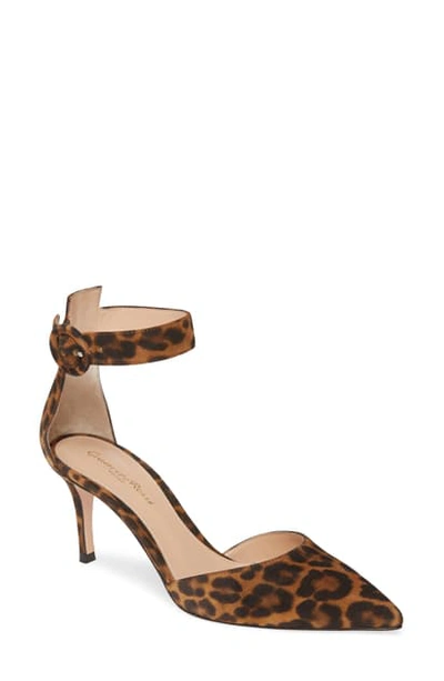 Shop Gianvito Rossi Pointy Toe Ankle Strap Pump In Leopard Print