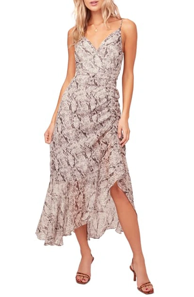 Shop Astr Mariah Ruched Floral Print Midi Dress In Grey Python