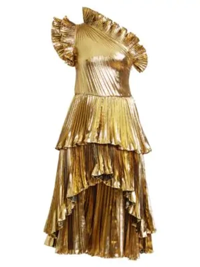 Shop Altuzarra Kamala Pleated Lamé Midi Dress In Gold