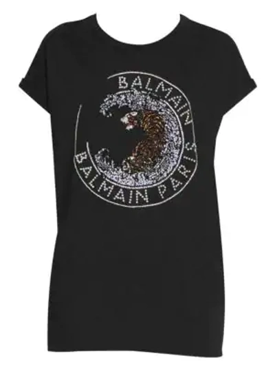 Shop Balmain Embellished Tiger Logo Tee In Black