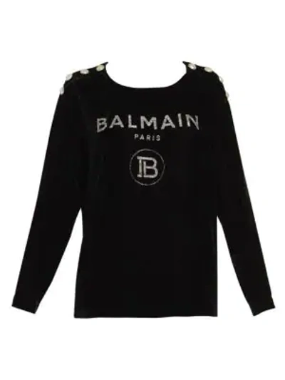 Shop Balmain Glitter Logo Silk-blend Velvet Top In Black