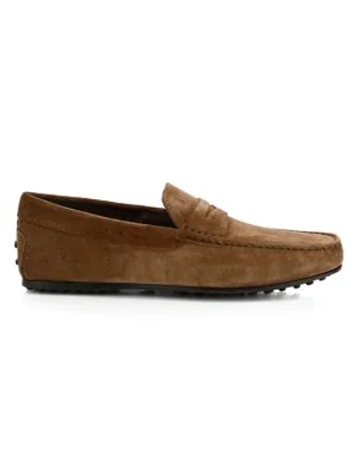 Shop Tod's City Gommini Suede Mocassino Penny Loafers In Brown