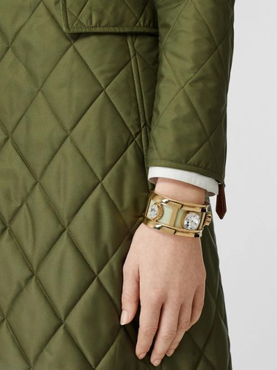 Shop Burberry Crystal Detail Lambskin And Gold-plated Cuff In Pistachio/gold