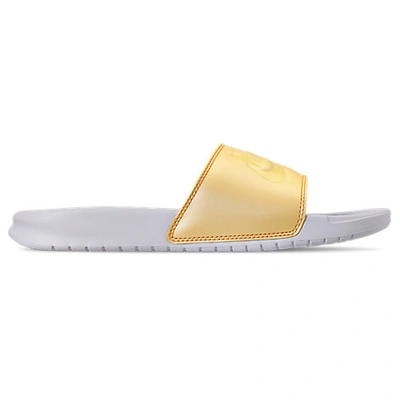 Shop Nike Women's Benassi Jdi Swoosh Slide Sandals In White/yellow