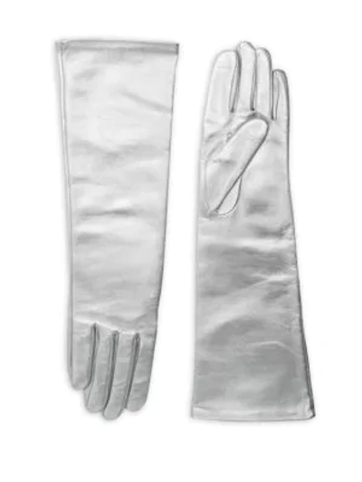 Shop Agnelle Glamour Leather Opera-length Gloves In Silver