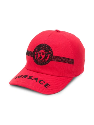 Shop Versace Embroidered Medusa Logo Cap In Red