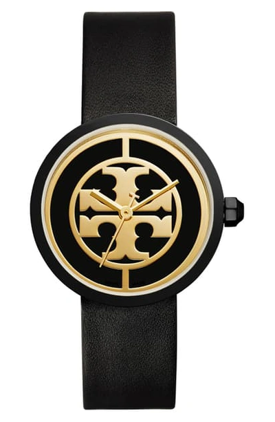Shop Tory Burch Reva Logo Dial Leather Strap Watch, 36mm In Black/ Gold