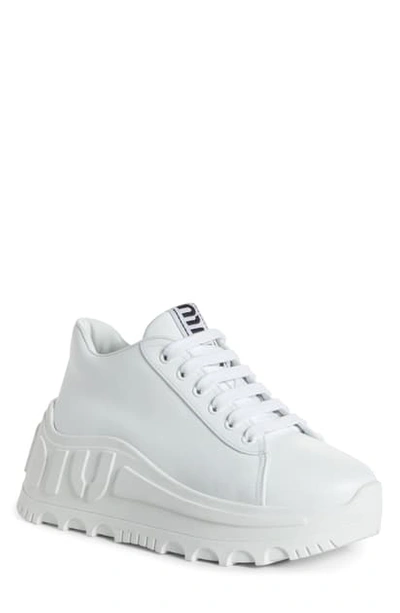 Shop Miu Miu Logo Platform Wedge Sneaker In White