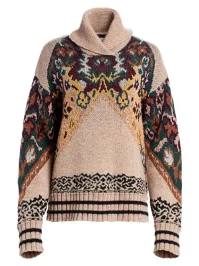 Shop Etro Oversize Floral Turtleneck Sweater In Beige
