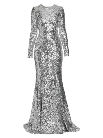 Shop Dolce & Gabbana Women's Long-sleeve Sequin Flare Gown In Silver
