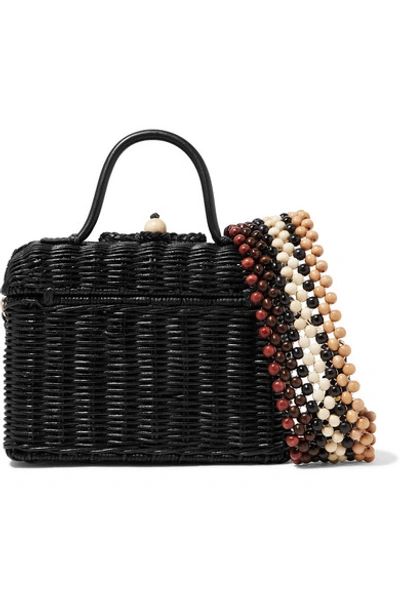 Shop Ulla Johnson Priska Leather-trimmed Rattan Tote In Black