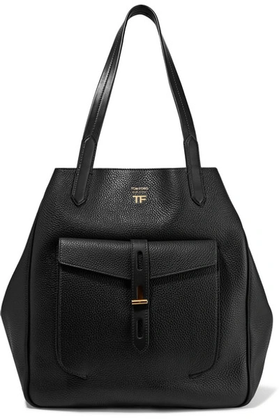 Shop Tom Ford T Medium Textured-leather Tote In Black
