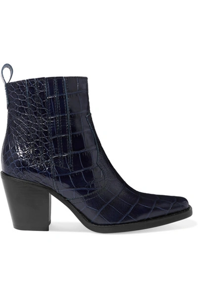 Shop Ganni Callie Croc-effect Leather Ankle Boots In Navy