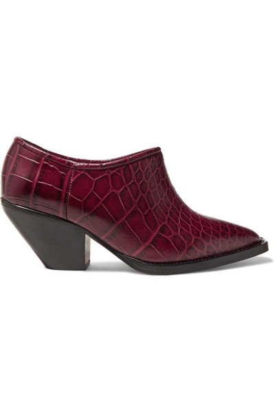 Shop Ganni Cowboy Croc-effect Leather Ankle Boots In Burgundy