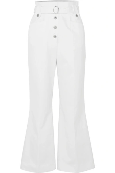 Shop Miu Miu Belted Cotton-twill Flared Pants In White