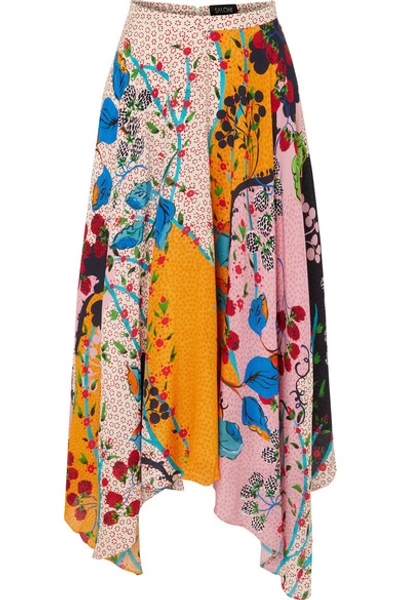 Shop Saloni Freja Asymmetric Floral-print Silk Crepe De Chine Midi Skirt