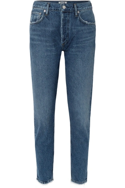 Shop Agolde Jamie Cropped Frayed Organic High-rise Straight-leg Jeans In Dark Denim