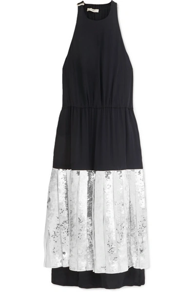 Tibi Pleated Sequin-embellished Poplin And Silk-georgette Midi Dress In Navy