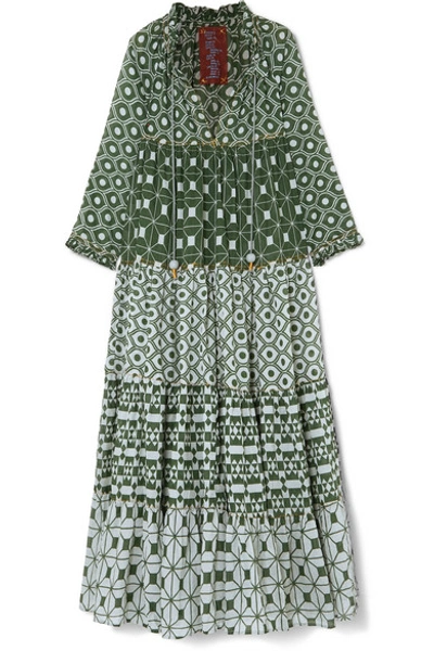 Shop Yvonne S Hippy Tiered Printed Cotton-voile Maxi Dress In Dark Green