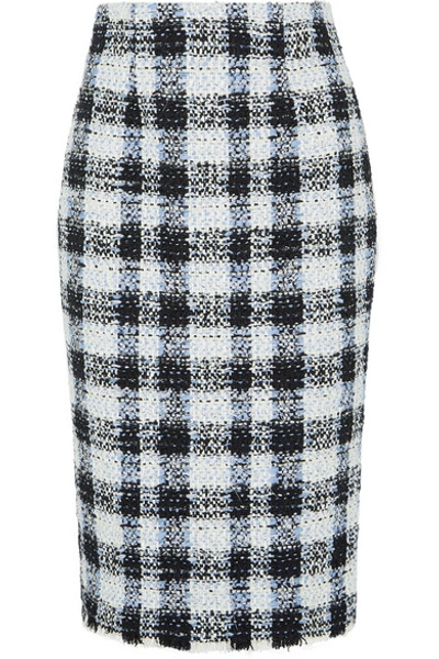 Shop Alexander Mcqueen Checked Bouclé-tweed Midi Skirt In Blue