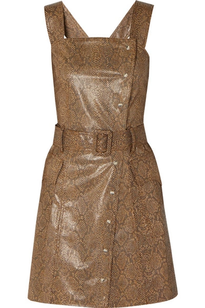 Shop Nanushka Lorena Belted Snake-effect Vegan Leather Mini Dress In Brown