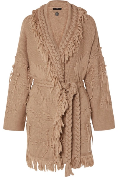 Shop Alanui Fringed Wool, Silk And Cashmere-blend Jacquard Cardigan In Beige