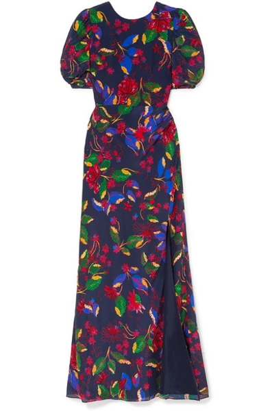 Shop Saloni Annie Floral-print Silk-satin Maxi Dress In Indigo