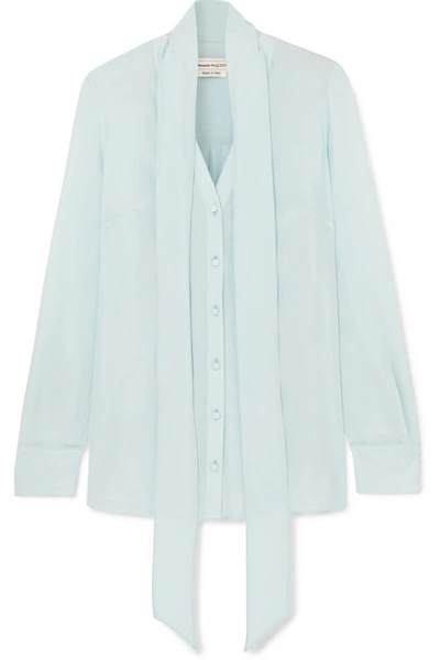 Shop Alexander Mcqueen Pussy-bow Silk Crepe De Chine Blouse In Blue
