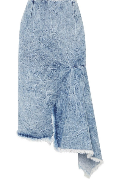 Shop Balenciaga Asymmetric Frayed Denim Skirt In Blue