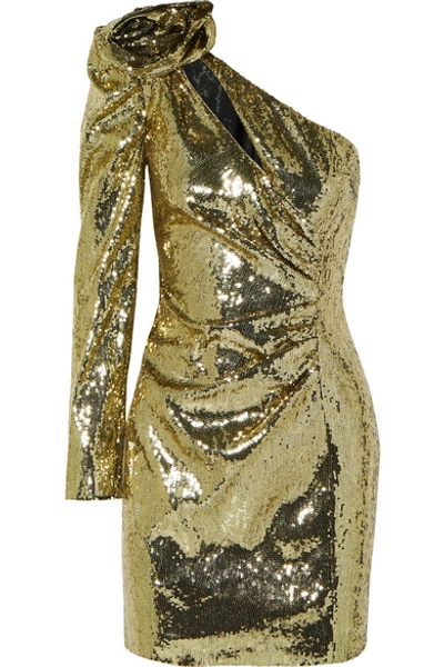 Shop Dundas One-shoulder Sequined Crepe Mini Dress In Gold