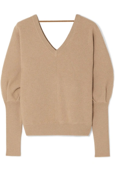 Shop Brunello Cucinelli Bead-embellished Ribbed Cashmere Sweater In Beige