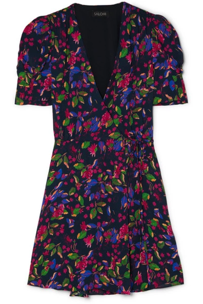 Shop Saloni Lea Floral-print Chiffon Wrap Mini Dress In Indigo