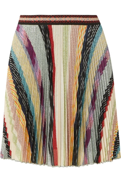 Shop Missoni Metallic Striped Crochet-knit Mini Skirt In Beige