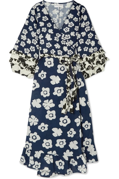 Shop Apiece Apart Beja Ruffled Floral-print Linen And Cotton-blend Wrap Dress In Navy