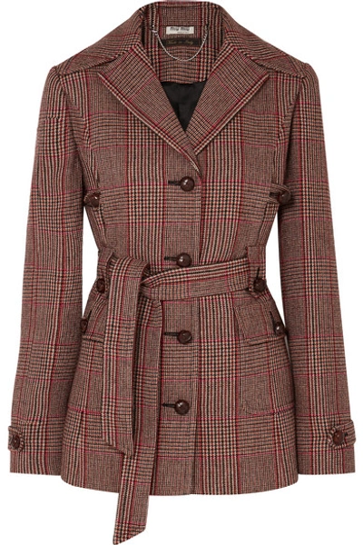Shop Miu Miu Belted Prince Of Wales Checked Wool-blend Blazer In Red