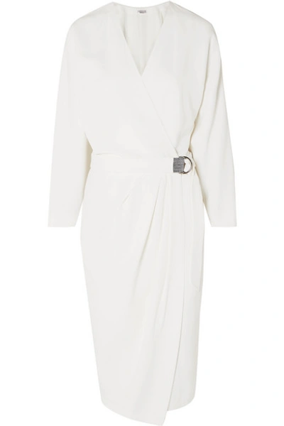 Shop Brunello Cucinelli Beaded Belted Crepe Wrap Dress In White