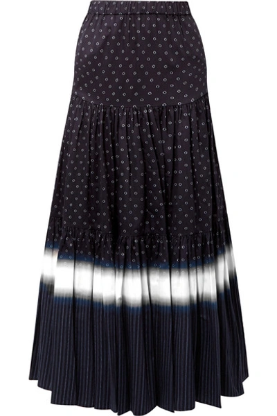 Shop Tory Burch Tiered Printed Cotton-voile Maxi Skirt In Midnight Blue