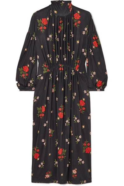 Shop Simone Rocha Gathered Floral-print Satin-jersey Midi Dress In Black