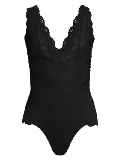 Shop Natori Rose Parfait Essentials Lace-trim Bodysuit In Black