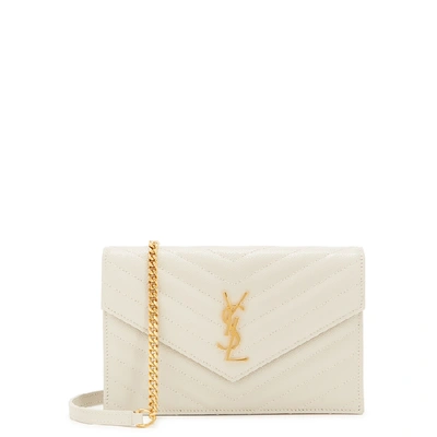 Shop Saint Laurent Ivory Logo Leather Wallet-on-chain In White