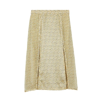 Shop Burberry Monogram Print Silk Pleated Skirt In Pale Yellow Ip Pttn