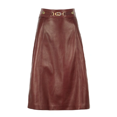 Shop Gucci Burgundy Leather Midi Skirt In Bordeaux
