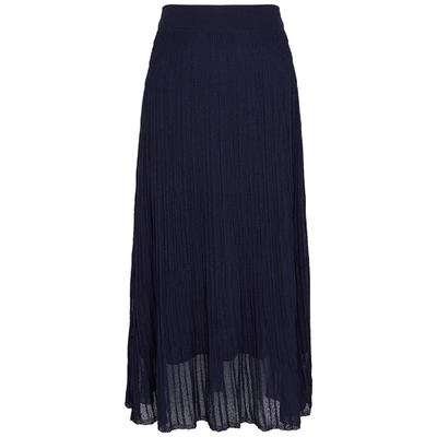 Shop Vince Navy Rib-knit Plissé Midi Skirt